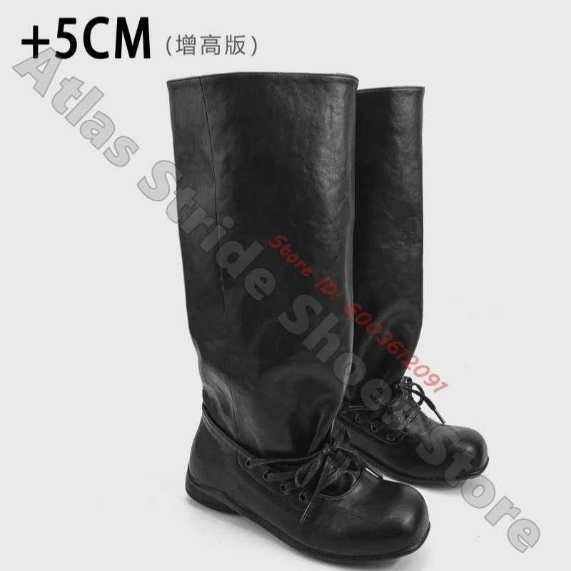 5cm Hidden Heel Wrinkled Black Leather Slouch Knee Boots Front Lace-Up Round Toe Loose Stacked Tall Cylinder Boots Dark Boots
