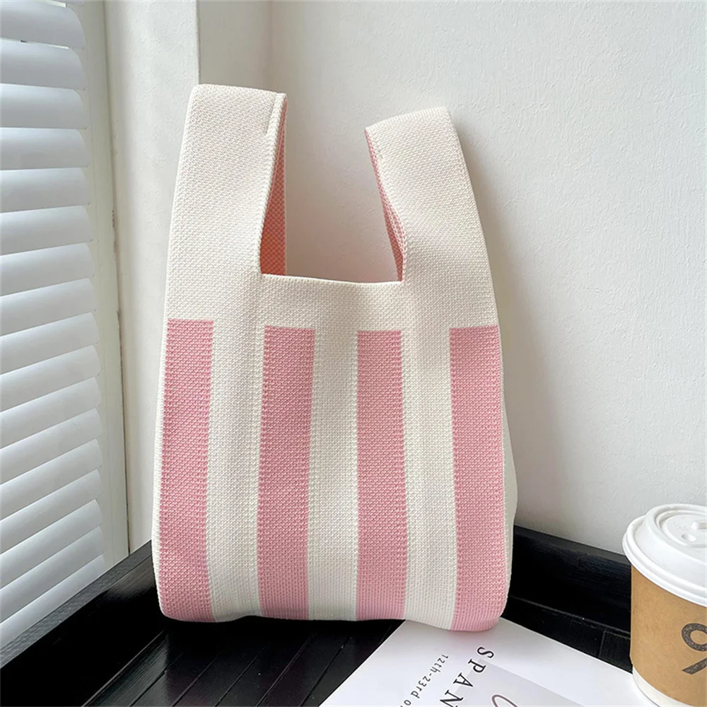 Trendy Stripes Vest Bag Minimalist Color Matching Knitting Handbag Leisure Art Walking Tote Woman Travel Cosmetic Storage Bag