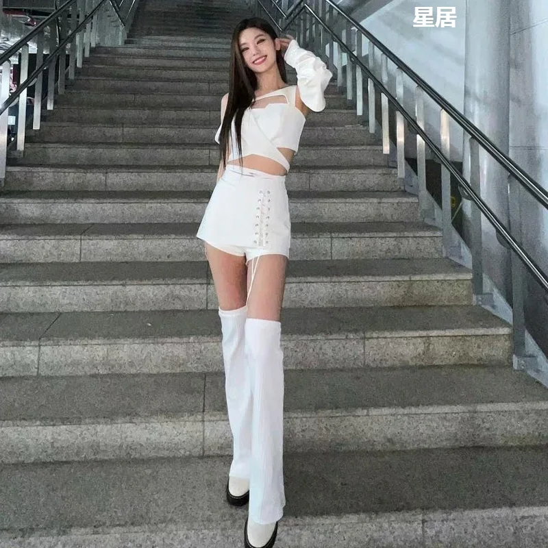 

White Tops Slim Lac-up Shorts Jazz Clothing Women Singer Kpop Outfits Hip Hop Dance Costumes Nightclub Sexy Stage Dancer Wear