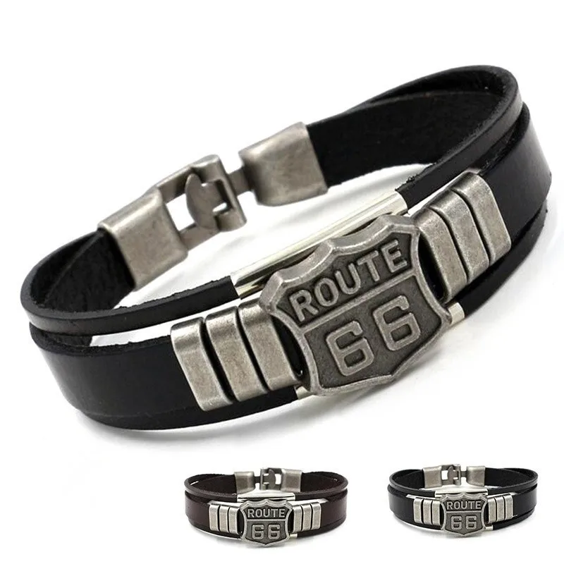 Trendy American Route 66 Printed Pattern Bracelet Men's Bracelet Metal Multilayer Leather Bracelet Accessories New Party Jewelry image 3