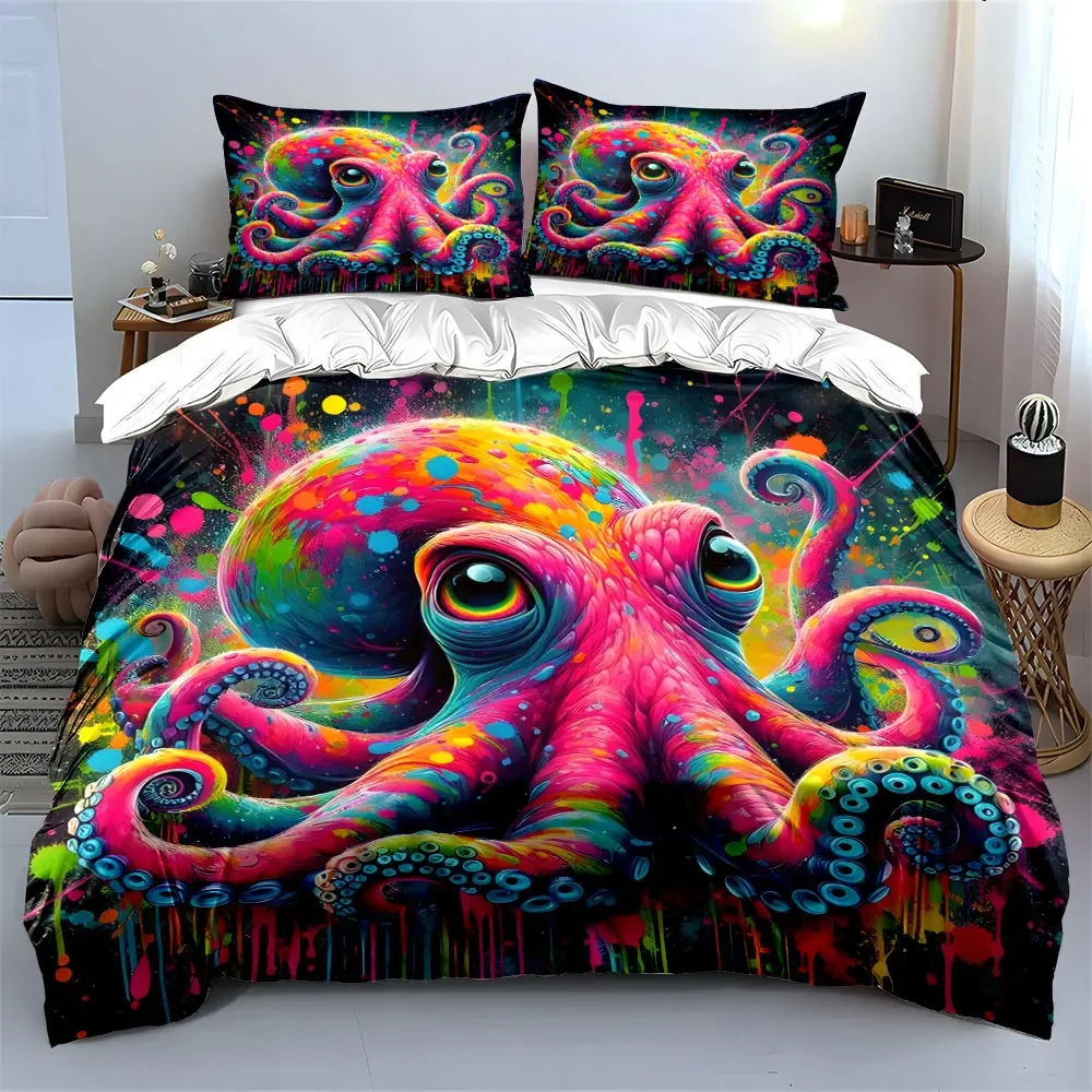 Colorful Octopus Artwork Set Decor Multiple sizes kid's and adults' bedroom Exquisite 3PC bedding set, gift