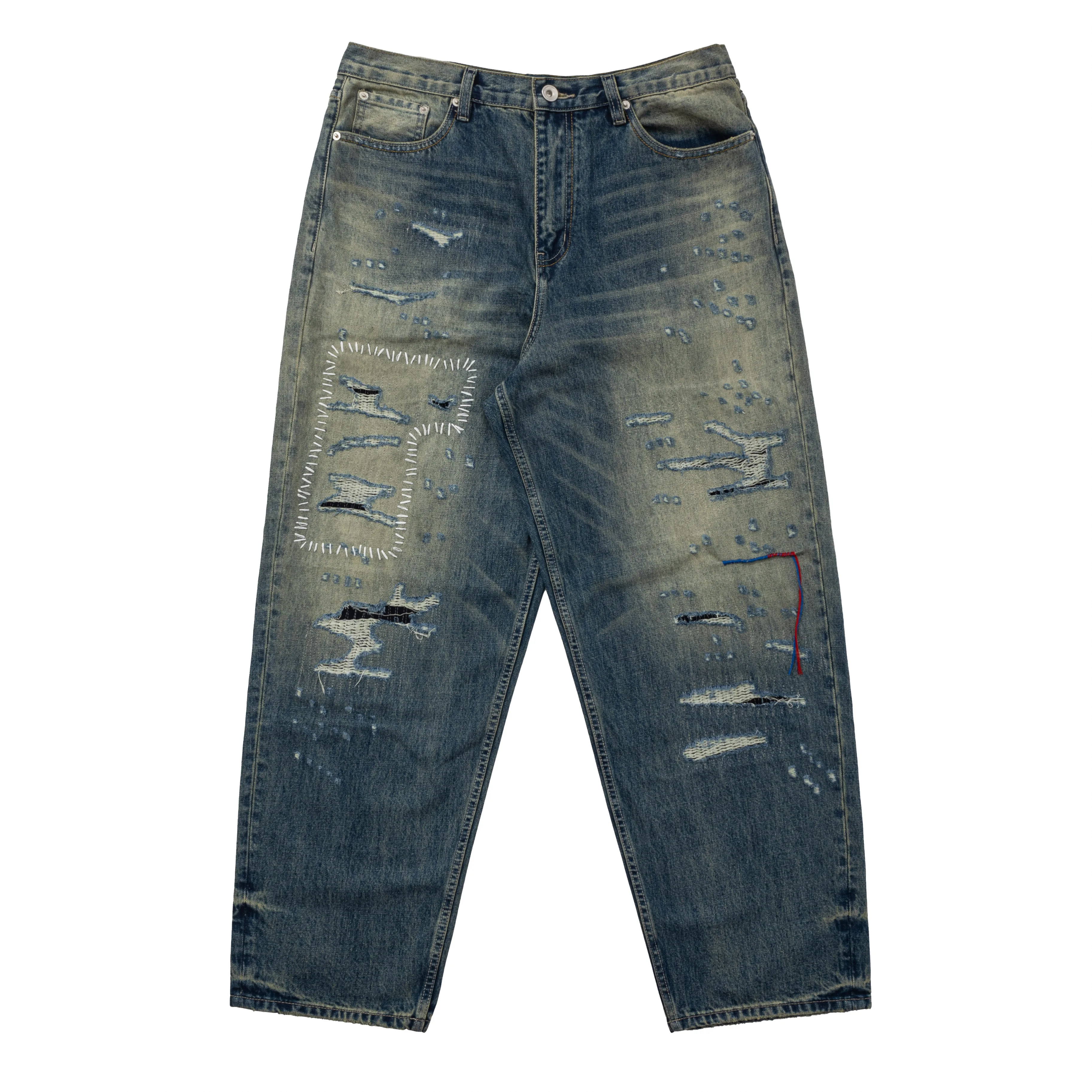 

SUPER WAY Men's Retro Old Jeans High Street Straight ZB-341#