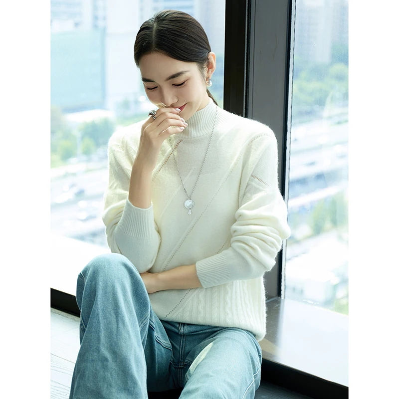 Fall/Winter New Half-high Neck 100% Pure Wool Sweater with Thickened Twill Woven Cashmere