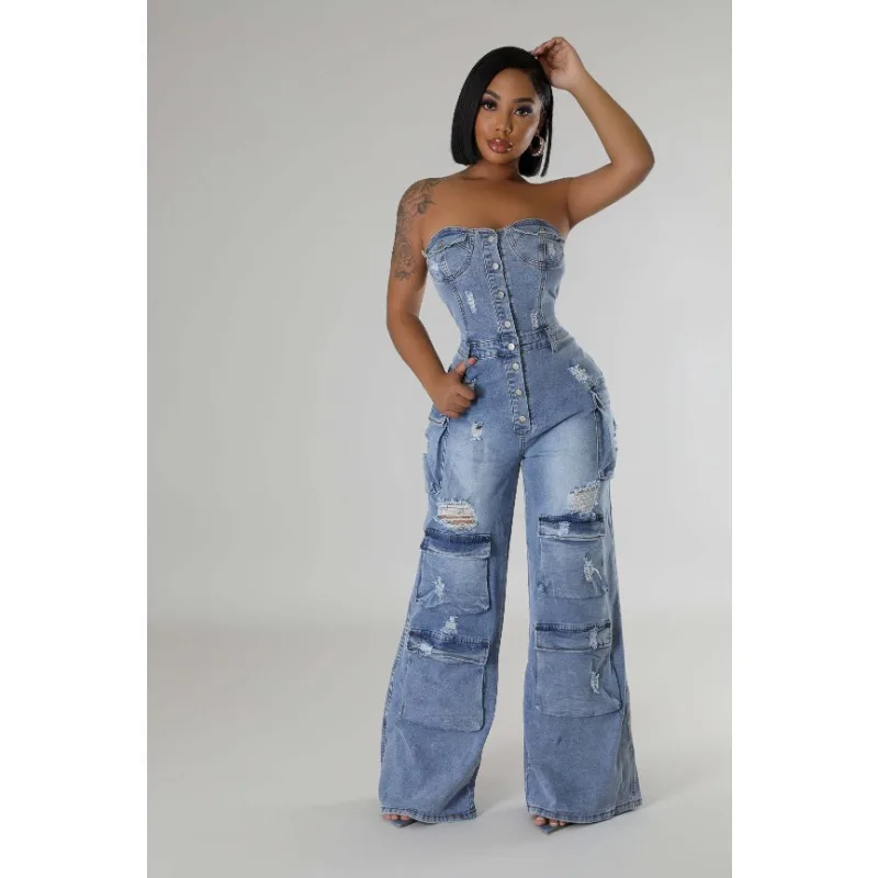 Women's Jumpsuits Fairy Spring Autumn Cargo Jeans Breasted Pockets Workwear Denim Long-sleeved Button Comfortable Fashion Design