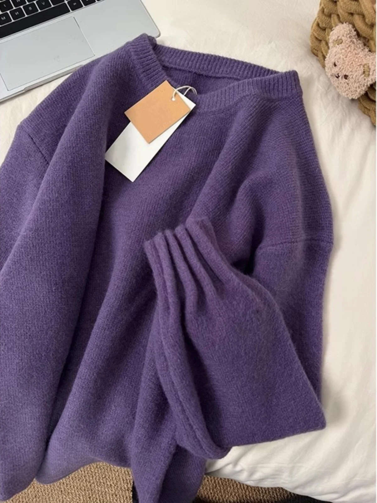 

Мягкий фиолетовый женский свитер Long Sve Oversized, удобный, модный, винтажный, белый, вязаный, весенний, для поездок на работу