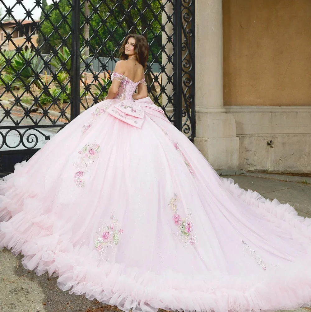 Pink Charro Quinceanera Dresses Ball Gown Off The Shoulder Appliques Mexican Sweet 16 Dresses 15 Anos Customized
