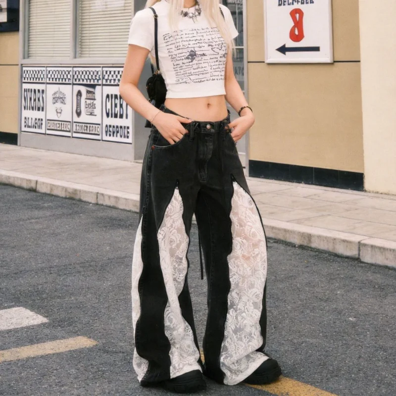American Vintage Lace Zip Skinny Jeans Women Patchwork Denim Trendy Streetwear Pants Slim Spice Girls Loose Wid Leg Pants