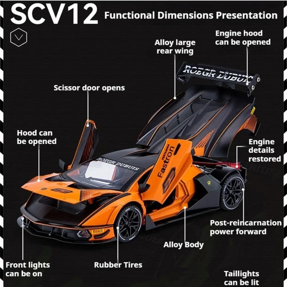 1:24 Scale SCV12 Revuelto Car Model Toy Doors Opened Sound Light Cars Pull Back Alloy Diecast Vehicle for Enthusiasts Collection