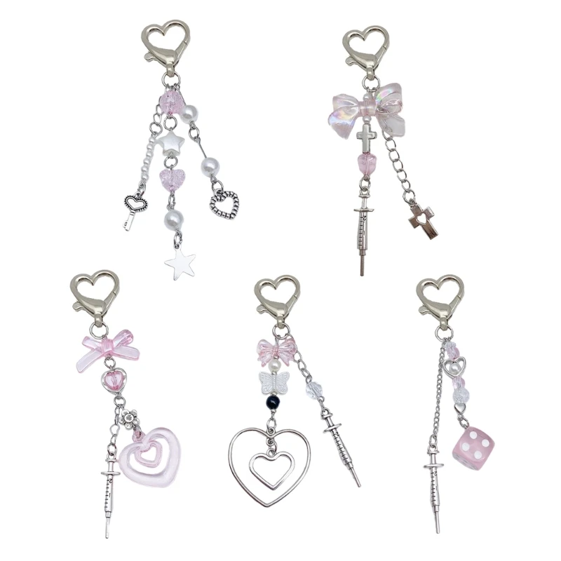 Stylish Pink Y2K Keychain Cellphone Strap Butterfly Bead Bowknot Pendant Keyring