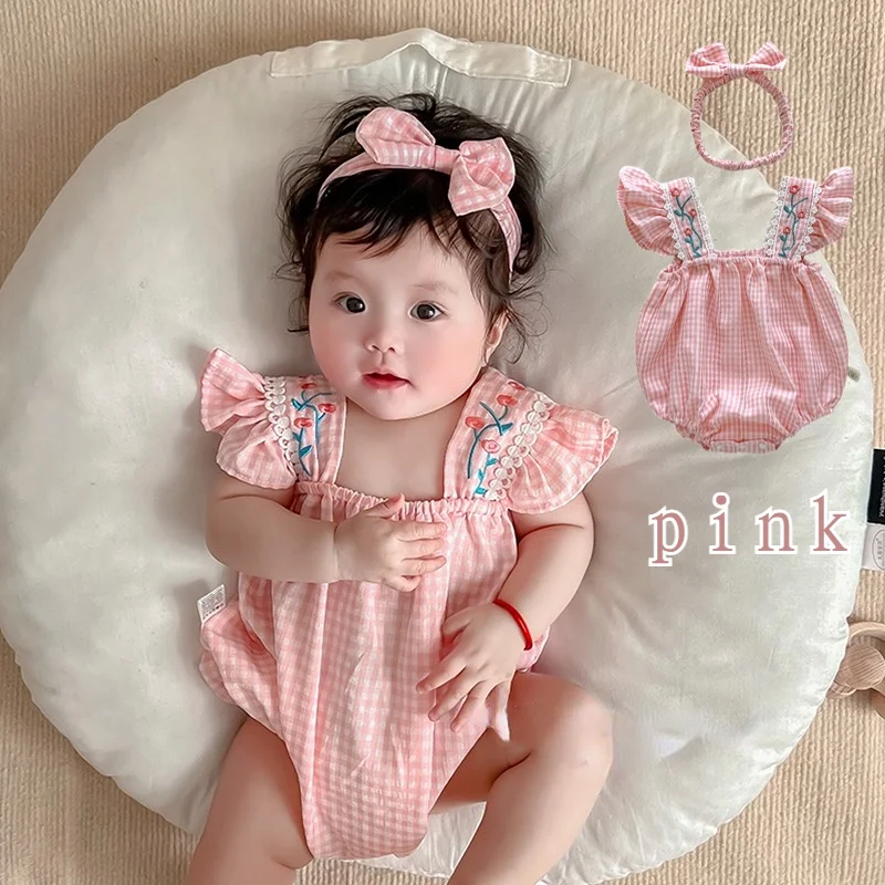 Baby Girls Sleeveless Embroidery Rose Sweet Pink Romper + Headband Suit Newborn Onesies Jumpsuit Summer Baby Clothes Set