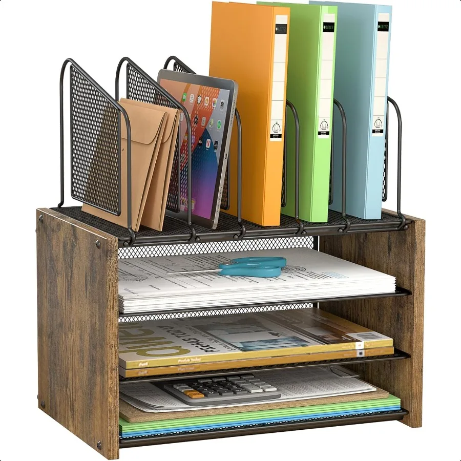 

4Tier Desk Organizer Desk File Organizer with 5 Vertical File Holders Office Desktop Organizer with 3 Level Paper Organizer Let