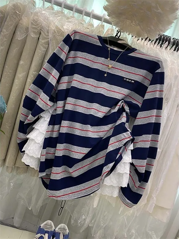 Amerikanisches Retro-gestreiftes langes Sve-T-Shirt für Damen, lockeres, lässiges, rundes Ne-Basis-IRT-Top für Frühling und Sommer, Neuankömmling