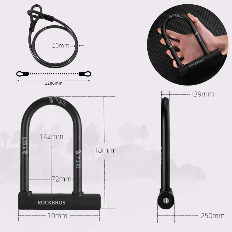 ROCKBROS Chinese Style Bicycle Locks U Shape Electric Scooter Padlock Anti-theft Bike Lock Cable Set MTB Road Bike Accessories