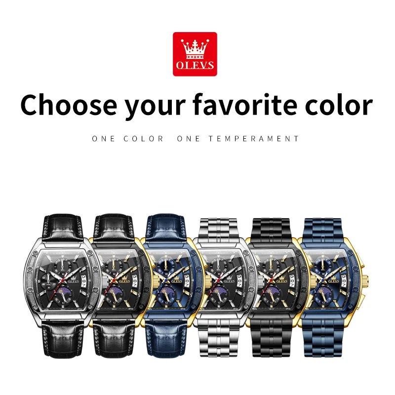 OLEVS 3661 ساعة رجالية ساعة كوارتز متعددة الوظائف الشريط الرياضة مربع Blet ساعة للرجال القمر 30 متر مقاوم للماء صندوق مضيء هدية