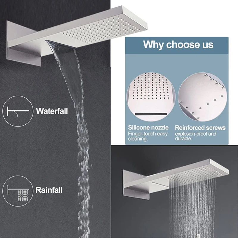 Nordic Rain Modern Thermostatic Waterfall Brushed Rain Overhead Shower Head Rainfall Shower Complete System Set