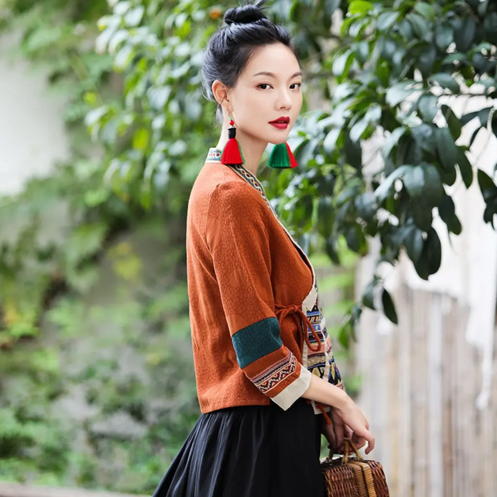 

Хлопково-льняная жаккардовая рубашка Hanfu с пряжкой через плечо, маленькая чайная куртка в стиле дзен с вышивкой, женская куртка Four Seasons