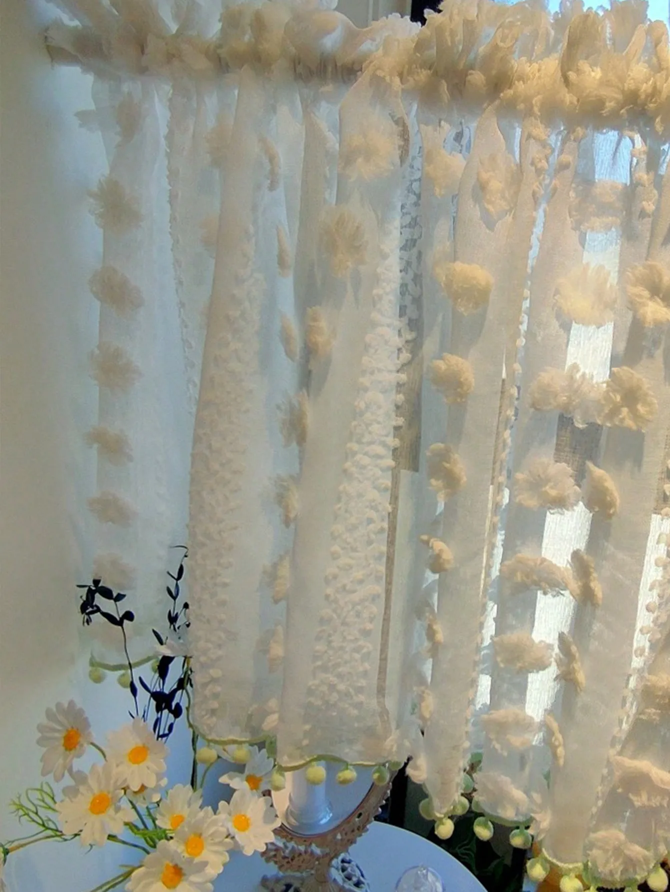 1Pc American Luxury French Style Kitchen Window Curtain with Ball Frill Edge Elegant Home Decorative Item
