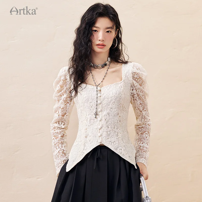 ARTKA 2023 Autumn New Women Blouse Elegant Palace Style Lace Embroidery White Shirt Lace Long Sleeve Square Neck Shirts SA92238Q