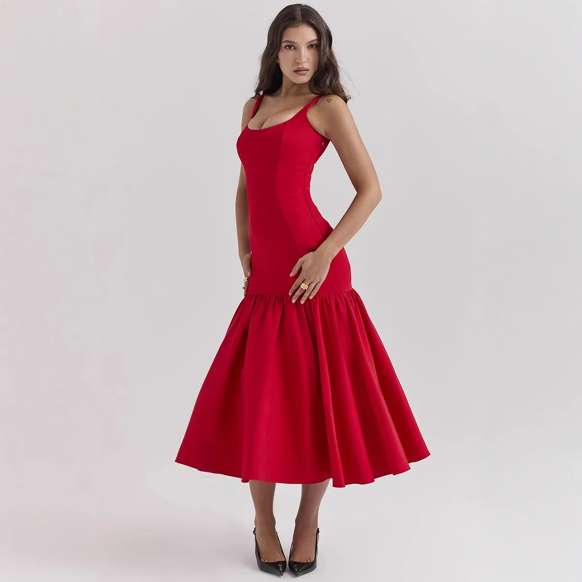 ชุดเดรสผู้หญิง ผ้าแจ็คการ์ด ผ้าซาตินประดับทอง จับจีบเข้ารูป แขนกุด สำหรับงานเลี้ยง สไตล์จีนใหม่ เรียบหรู เบาสบาย เซ็กซี่