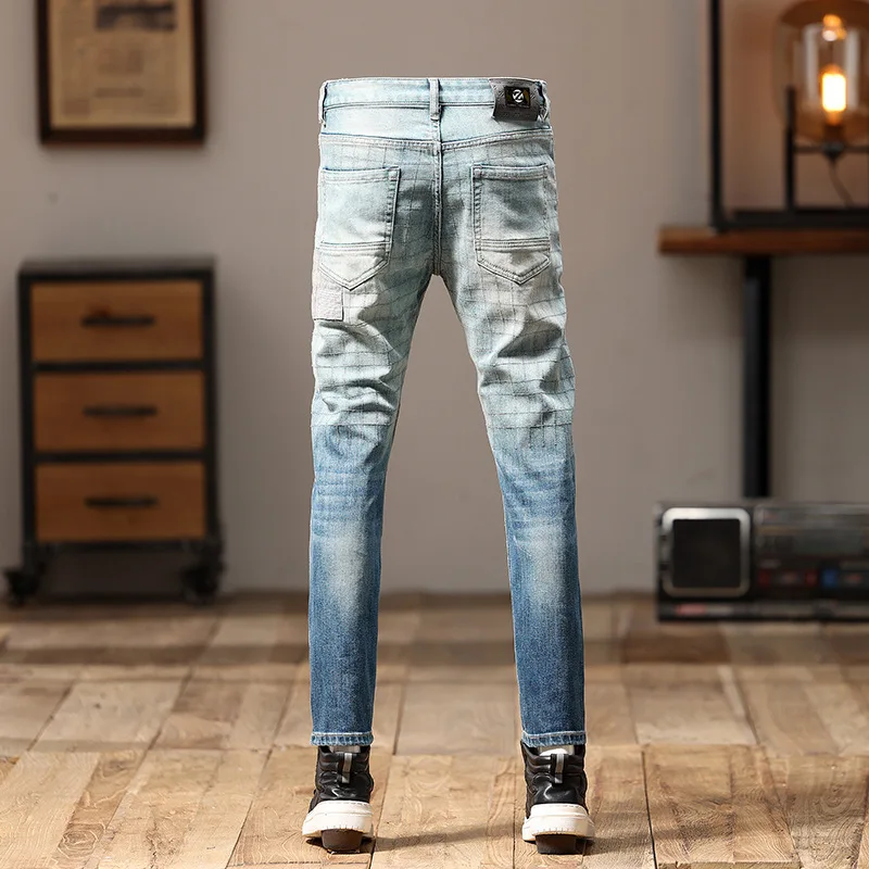 Motorcycle Jeans Men\'s High-End Stitching Design Fashionable All-Match Patch Gradient Color Retro Fashion Haulage Motor Trousers