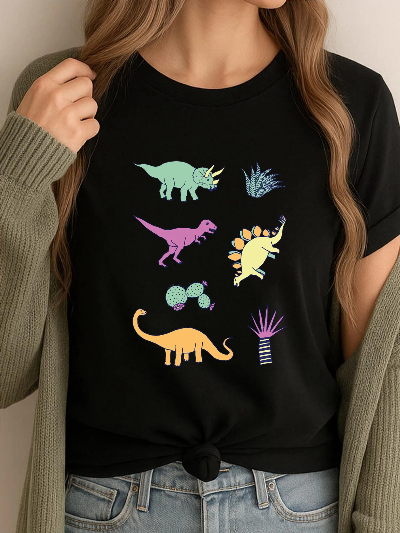 

Динозавр Пустынь Персик Мятно-Мятный и Темно-Синий Веселый Узор Cecca Designs Графические Футболки Мужская Модная и Модная Мужская Одежда