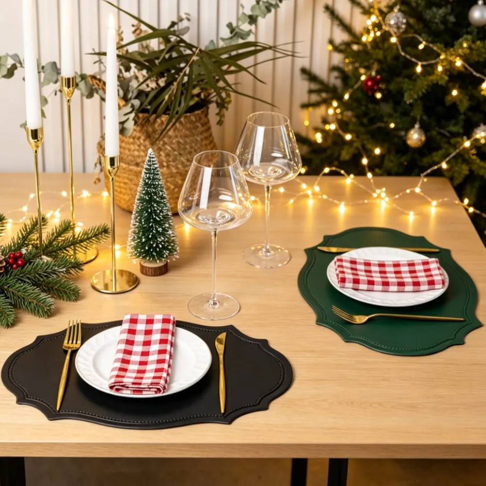 Luxury PU Faux Leather Placemats Set - Oval Shaped Cafe Tableware Food Pad Christmas Black Green 1/4/6pcs Home Decor Table Mats