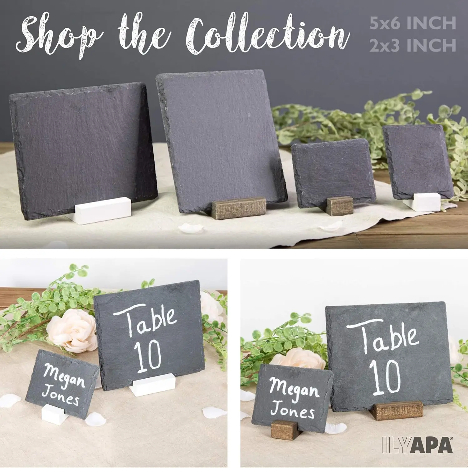 Conjunto de 8 Mini Quadros de Ardósia com Suportes de Madeira, Placas Rústicas de Ardósia de 5x6 Polegadas para Decoração de Buffet