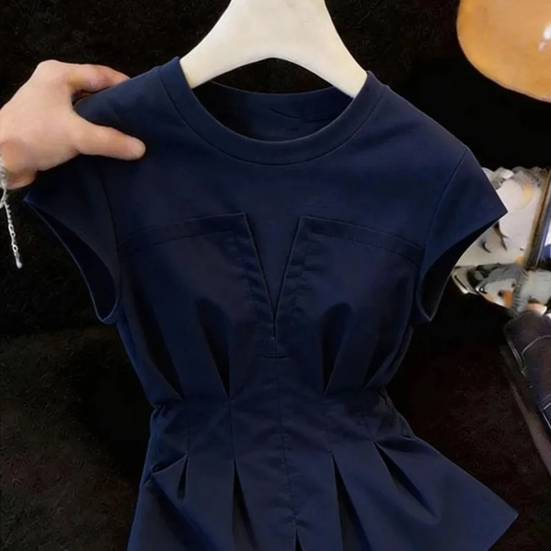 New Korean Splicing Short-sleeved T-shirt Summer Women's Fake Two-piece Waist-covering Belly Shoulder Coat Female Blouse Tops