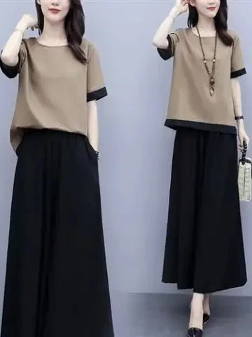 

Комплект: Свободные брюки с широкими штанинами и модная футболка с коротким рукавом и круглым вырезом для женщин. Летний повседневный комплект с высокой талией, омолаживающий образ.