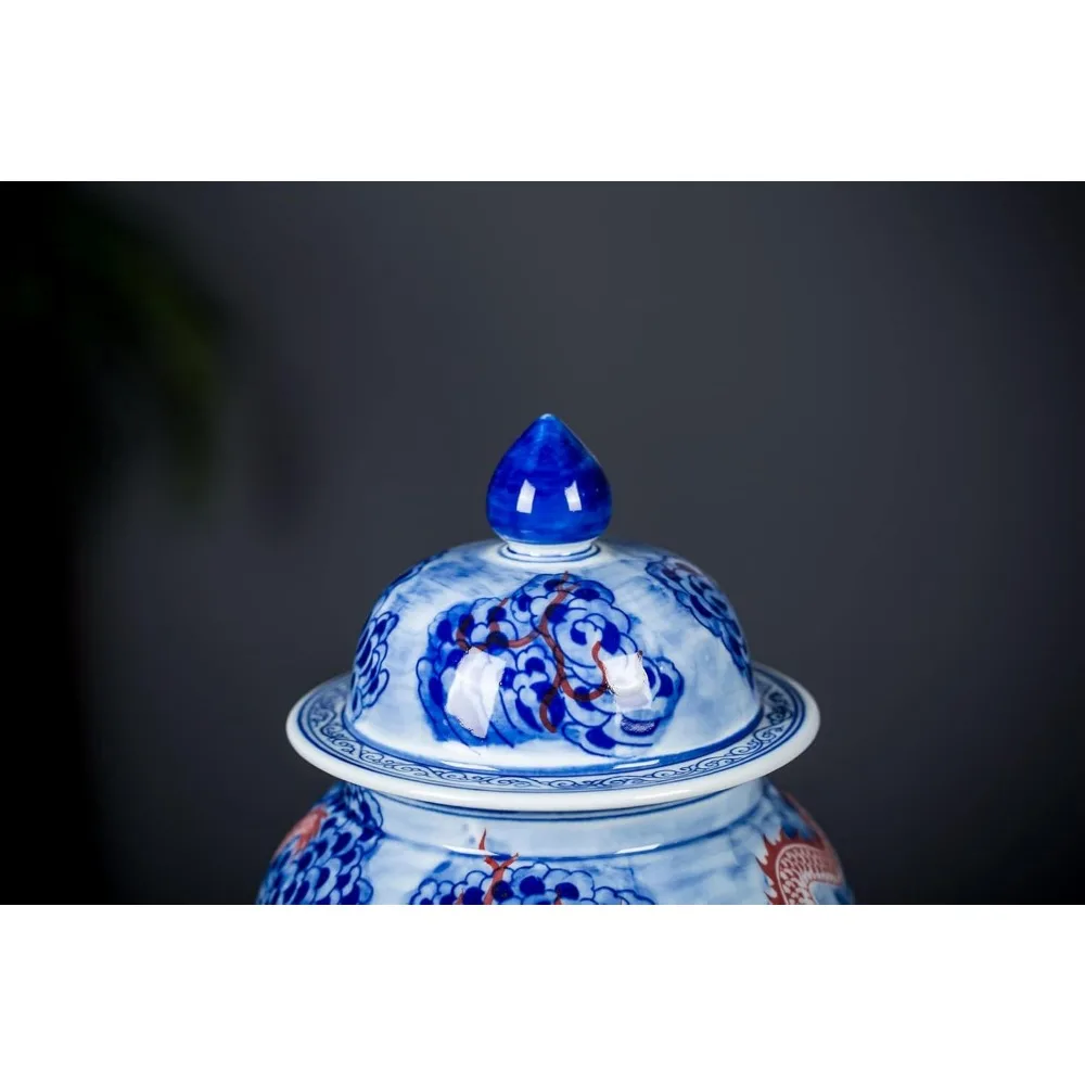 Handcrafted Blue & White Porcelain Ginger Jar with Lid, Decorative Dragon Design