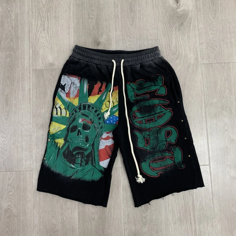 

Rendy Fashion American LA Lost Intricacy Shorts Washed Terry Casual Shorts for Men and Women Vintage Loose LOST Pants