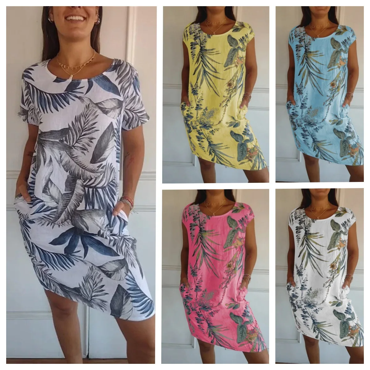 Neue europäische und amerikanische neue Produkte Sommer Baumwolle und Leinen Rundhals bedruckter Rock mit Taschen Damen A-förmiger Rock kurz