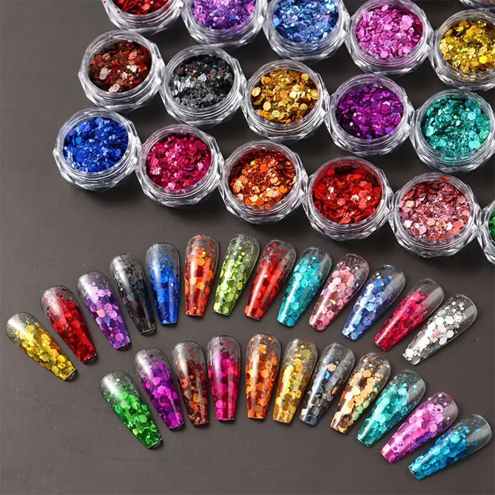 24 Bottle Mixed Size Hexagon Glitter Nail Sequins Holographic Chameleon Sparkly Chunky Nail Flakes DIY Nail/eye Shadow Accessory