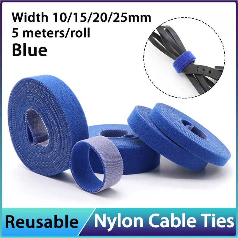 1~20R Blue 10/15/20/25mm Cable Organizer USB Cable Winder Management Nylon Free Cut Ties 5M/Roll Mouse earphone Hook Loop Tape