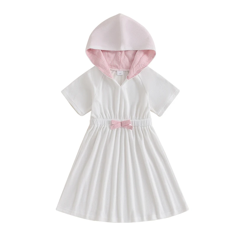 Little Girl Cover Up Dress 3D Bow Short Sleeve Hooded Beach Bathing Suit Towel Coverup Swimwear