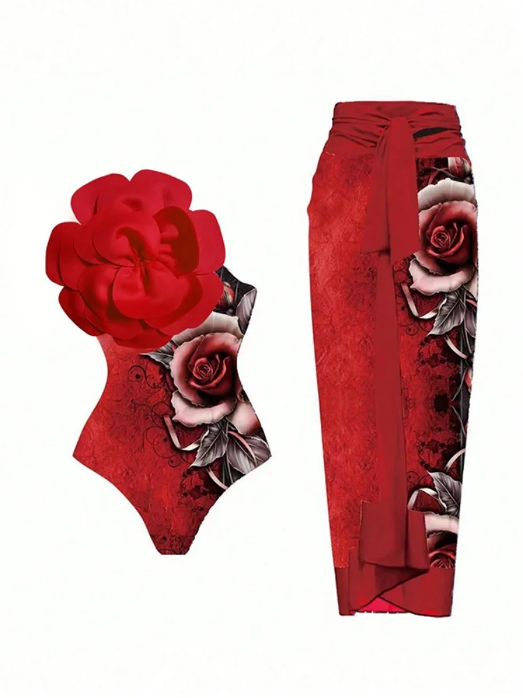 

One Piece Swimsuit Women 2025 New Red Flowers One Shoulder Sexy Bodysuit Swimwear Summer Long Skirt Beach Bathing Suit Female