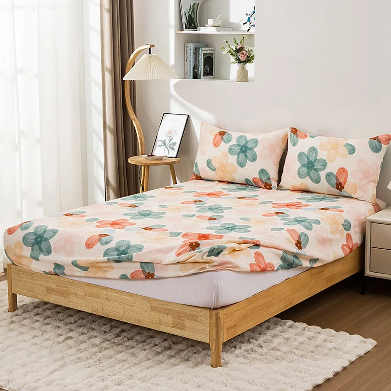 3PC Flower World Fitted Sheet Floral pattern 100%Polyester 1Fitted Sheet 2Pillowcase Queen/King Size Four Seasons No Pillowcase