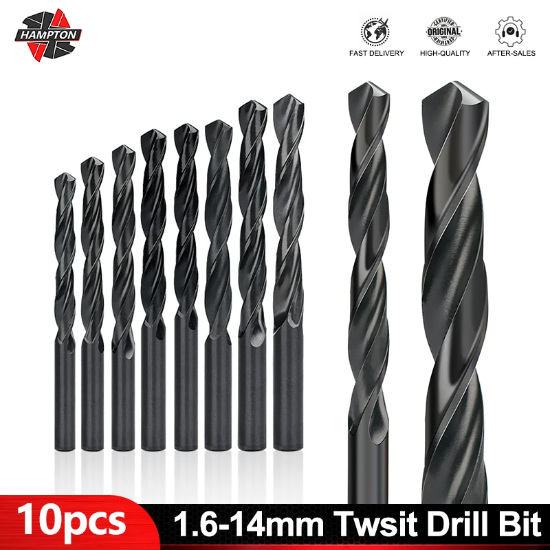 

HAMPTON 10pcs 1.6-14mm HSS Drill Bit Nitride Coating Twsit Drill Bit Carbon Steel Bit for Wood Metalworking Drilling Hole Cutter