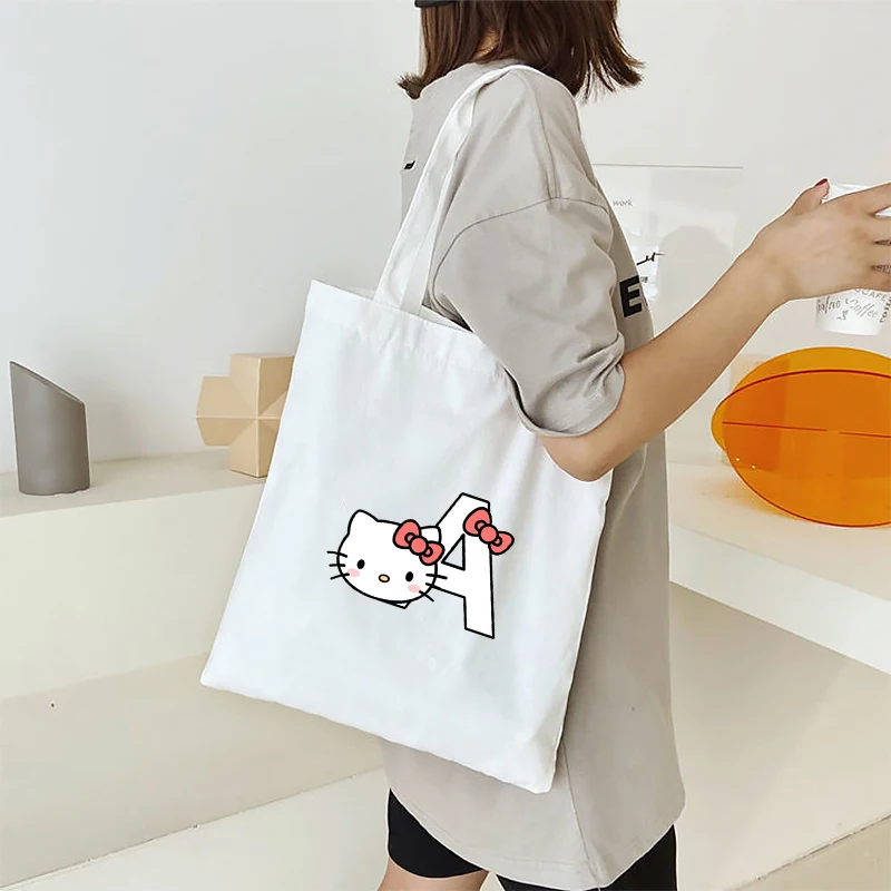 26 Letter and HelloKitty Printing Canvas Tote Bag Lightweight Shoulder Bag Large Capacity Eco Handbags Shopping Purse Gift Bags