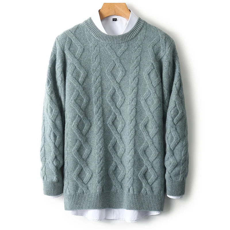 

Fashion 100% Merino Wool Men's O-Neck Casual Solid Color Cable-Knit Sweater Pullover Cashmere Long Sleeves Warm Clothing Top