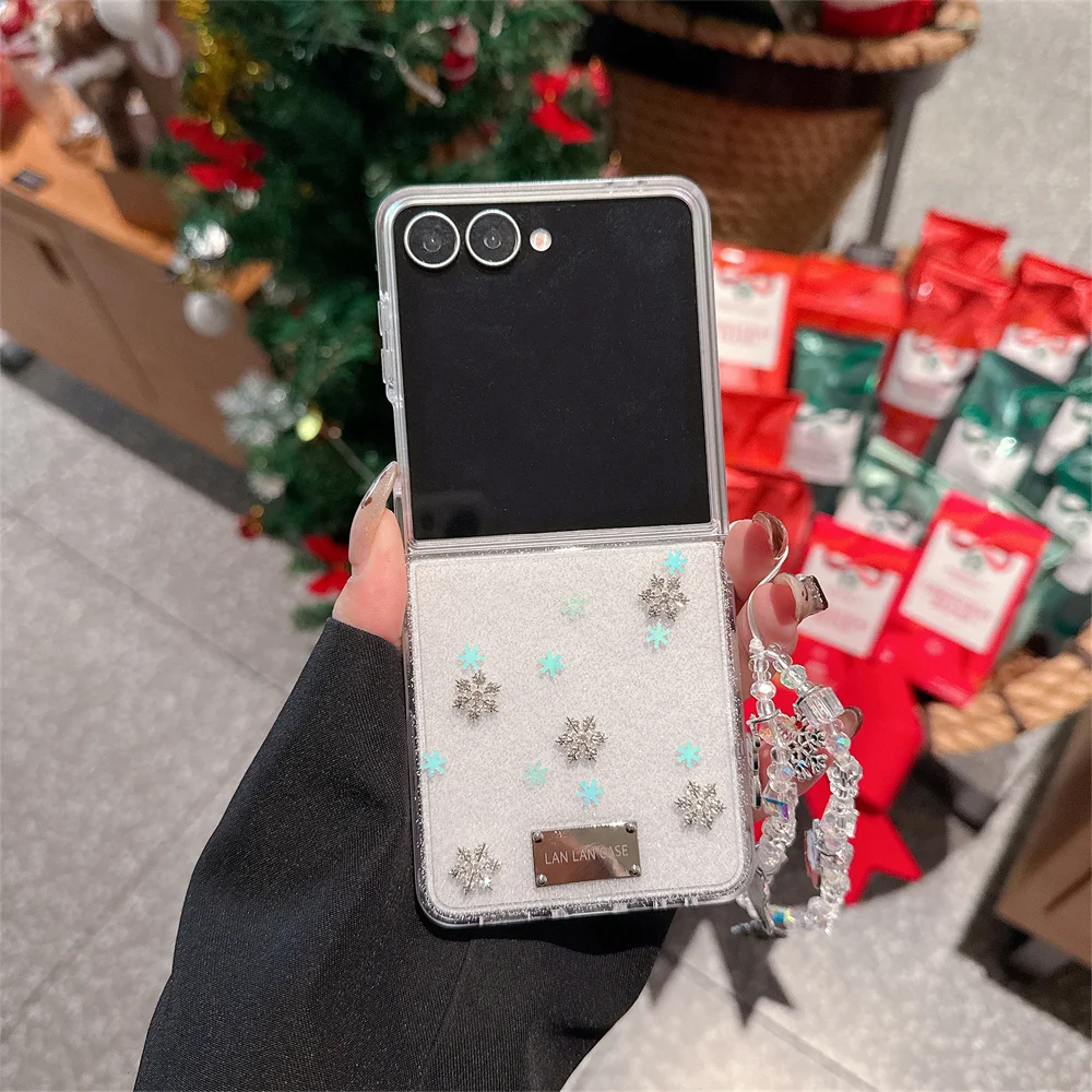 

Korean INS flash diamond snowflake fashion phone case for Samsung Galaxy Z Flip 7 6 Z Flip 5 flip 6 7 cover cute snowman chain