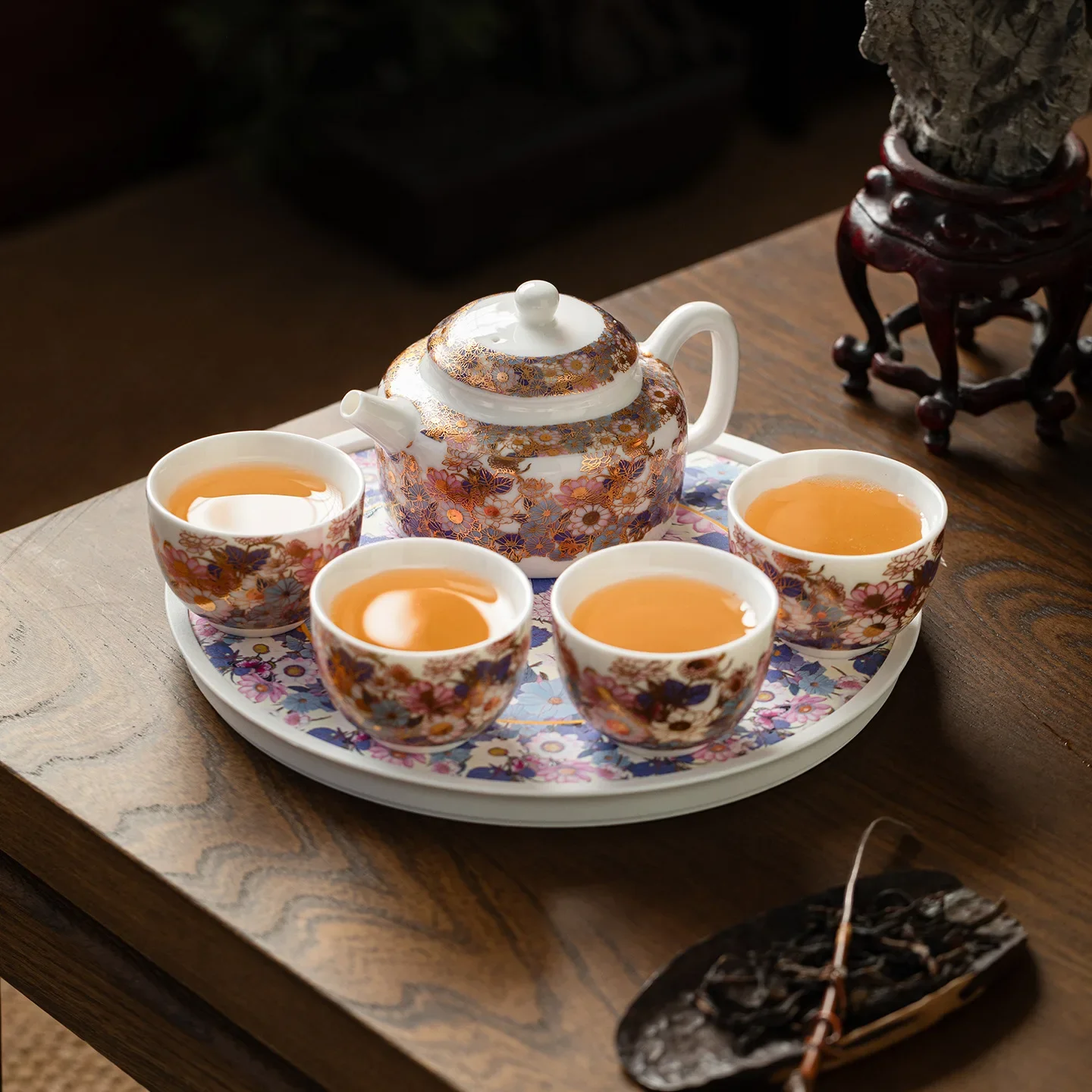 Luxury Container Enamel Colorful Flower Tea Set One Pot and Four Cups Household Ceramic Kung Fu Tea Set Outdoor Tea Bowl and Cup