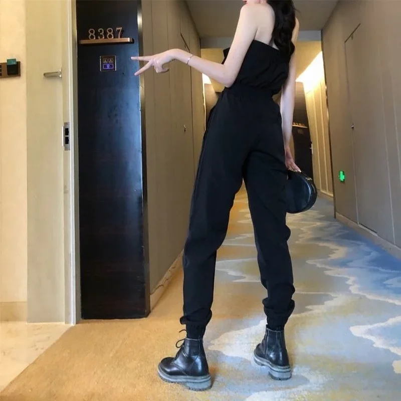 Tute Donna Estate Nero Slash Neck Pantaloni cargo Sexy Punk gotico Ragazze Moda Full Length Chic Harajuku Streetwear Tunica