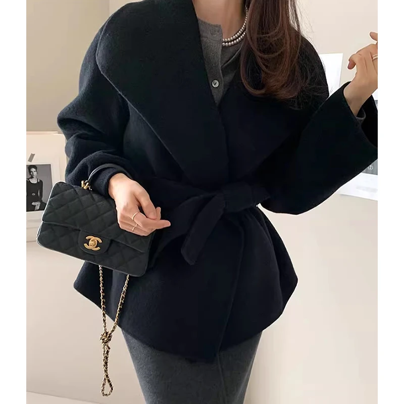 

Retro Chic Autumn Winter Long Sve Woolen Coat Women's Belted Waist Slimming Pure Color Lapel Wrap Sle Faionable Outerwear
