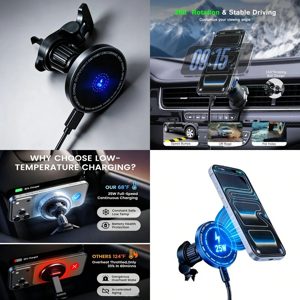 Fast Wireless Car Charger 25W Magnetic Vent Mount 360 Rotate Low Temp Charging Holder for iPhone 17 Samsung Galaxy S26 S25 Ultra