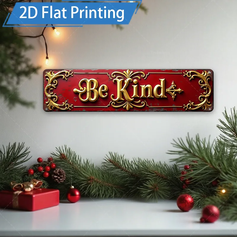 [2D FLAT] قطعة واحدة من اللافتات المعدنية، مقاس 4 × 16 بوصة باللون الأحمر العتيق، لافتة معدنية لطيفة لديكور عيد الميلاد