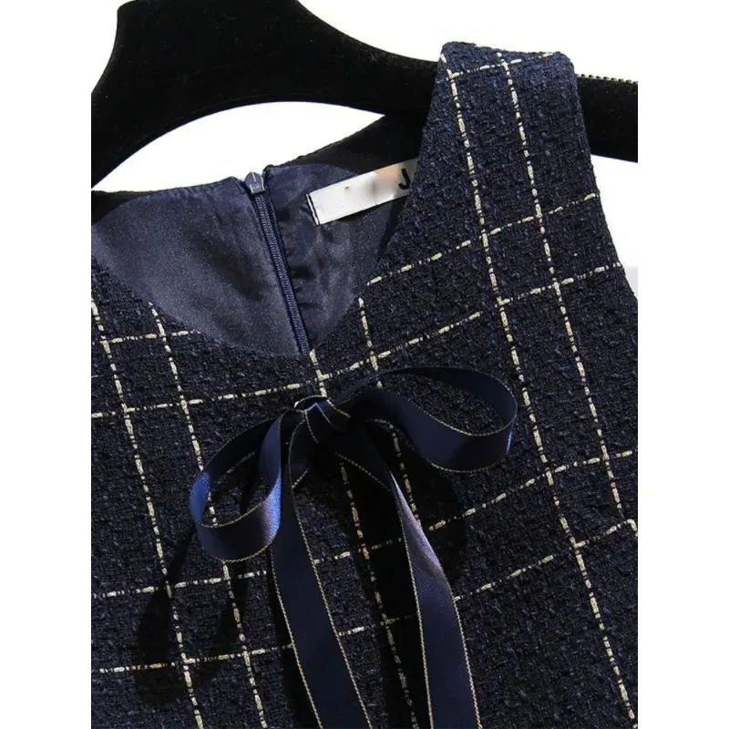 Tweed Long Sleeve Single Breasted Jacket Coat Elegant Fashion Casual Sleeveless Dresses Vintage Sweet Street Fashion New N599