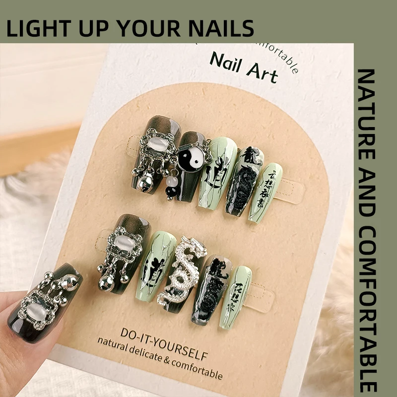 

Handmade Wearable Press on Nails 10/pack Size Different Chinese Style Taiji Copper Locks Xianglong long Fake Nail Free Toolkit