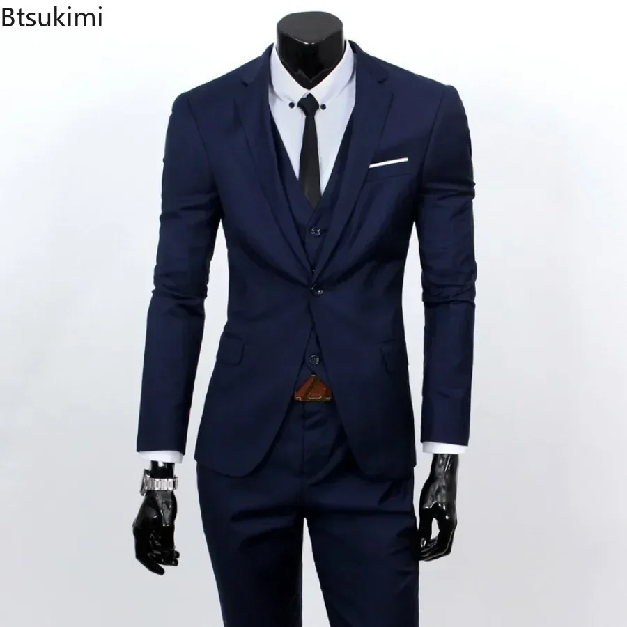 2025 Men\'s Suit Three Piece Sets (Blazers+Vest+Pants) Fashion Solid Slim Business Party Gown Wedding Groom Dress Suit Plus Size