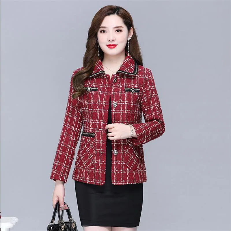 2023 New Spring Autumn Coat Middle-Aged Elderly Mothers Casual Outerwear Tops Short Lapel Plaid Suit Jacket Casaco Feminino